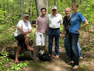 Barefoot Hikers Archie, Ben, Ken, Scott, and Susan on the Trail