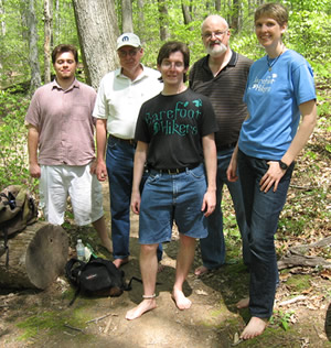 Barefoot Hikers Ben, Ken, Barefoot Chris, Scott and Susan on the Trail