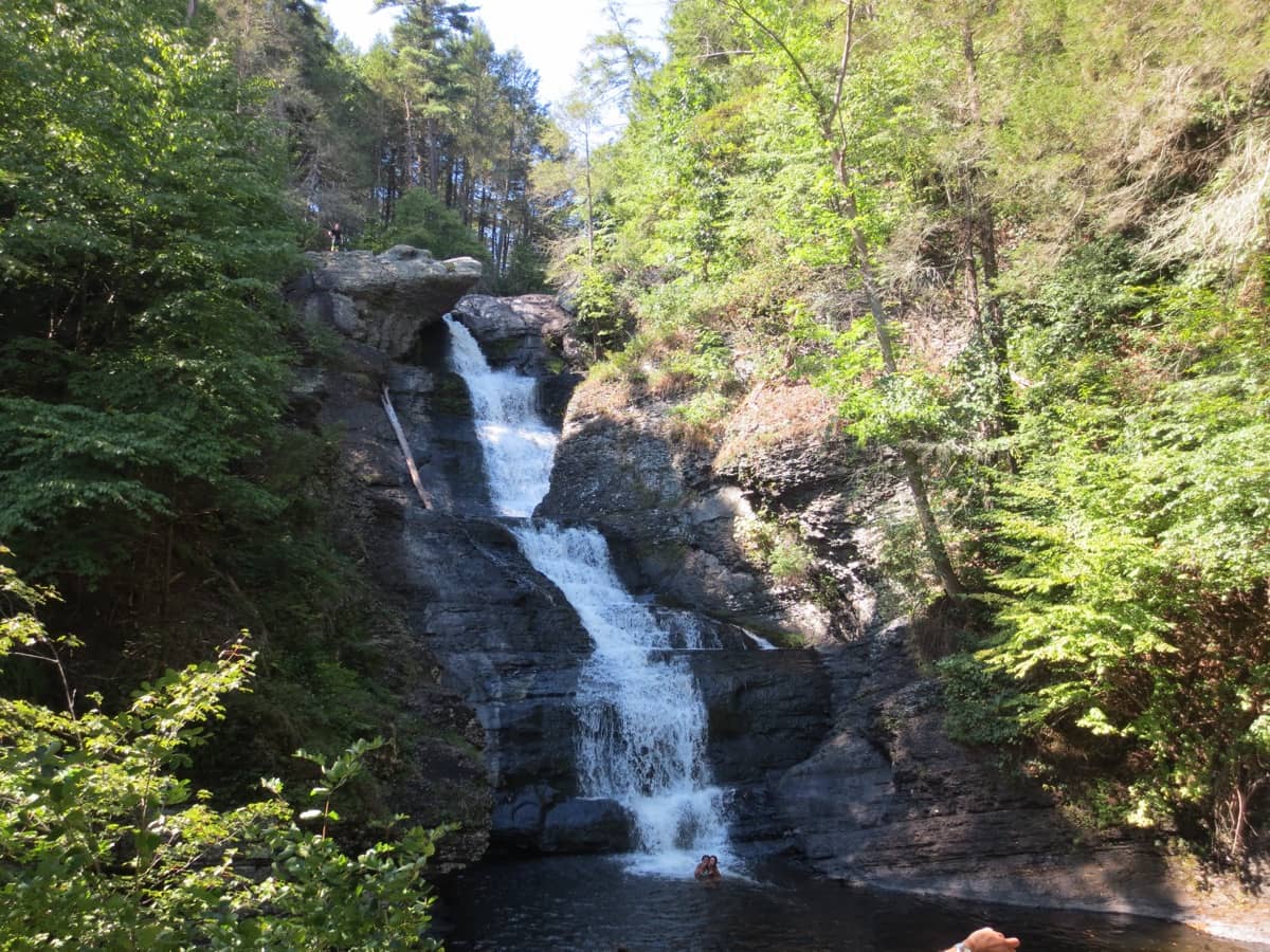 a waterfall in the Pocono Mountains of PA, site of a Barefoot Hikers hike